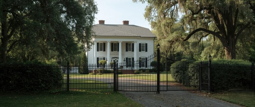 Residential white home featuring colonial architecture and iron fencing