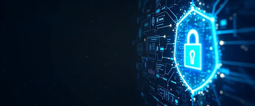 Digital security shield with glowing lock icon pulses gently, as the camera slowly pans across a futuristic, cyber-themed interface, creating a cinematic sense of protection and innovation.