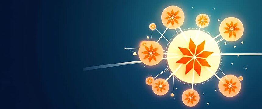 Futuristic digital network animation with glowing nodes gently pulsing, as the camera smoothly pans across the interconnected blue and orange design in a sleek, cinematic style.