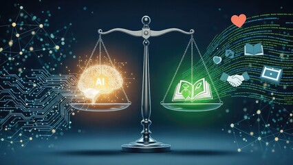 Balance between money and knowledge weighing scales with glowing bitcoin and book symbols on each side representing digital currency versus education with a futuristic circuit background and heart