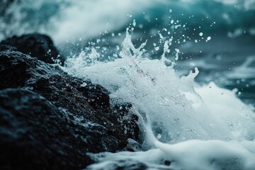 A dynamic close-up of ocean waves crashing against rocky shore, creating splashes and evoking a sense of motion and power in nature.