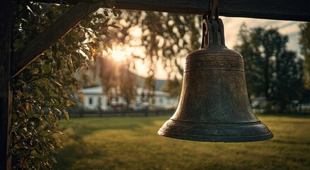 Obraz premium Close-up of a weathered bell hanging from a wooden frame, sunlight illuminating background