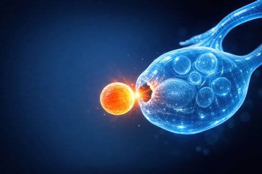 Female organs medical hologram closeup ovary egg cell release 3d render concept showing human reproductive anatomy glowing blue structure with bright orange ovum focus on fertility science