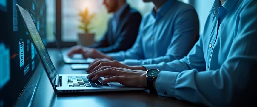 Office professionals collaborate on laptops with dynamic digital interface, hands typing swiftly, while the camera tracks smoothly; ambient light flickers softly in a modern, cinematic style.
