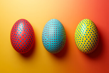 Three vibrant decorative eggs in red, blue, and yellow with polka dots, set against a warm gradient backdrop.