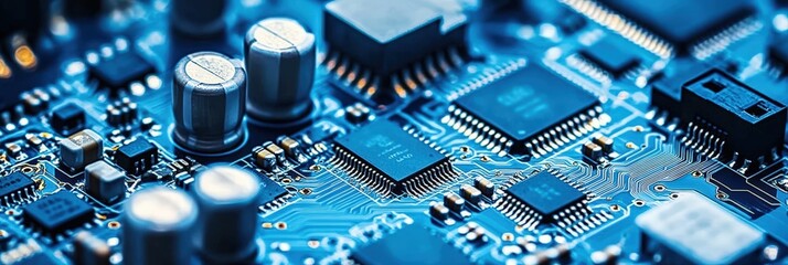 A close-up view of a blue circuit board featuring microchips and electronic components, highlighting the intricate design of modern technology.