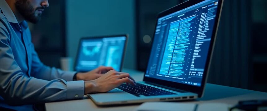 Focused programmer typing code on a laptop, as the camera slowly pans to reveal a dimly lit office with computer screens flickering, creating a cinematic tech atmosphere.
