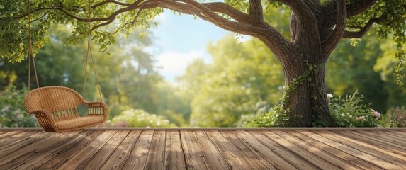 Naklejka premium Old wooden terrace with a wicker swing suspended from a tree, set against a blurry nature backdrop