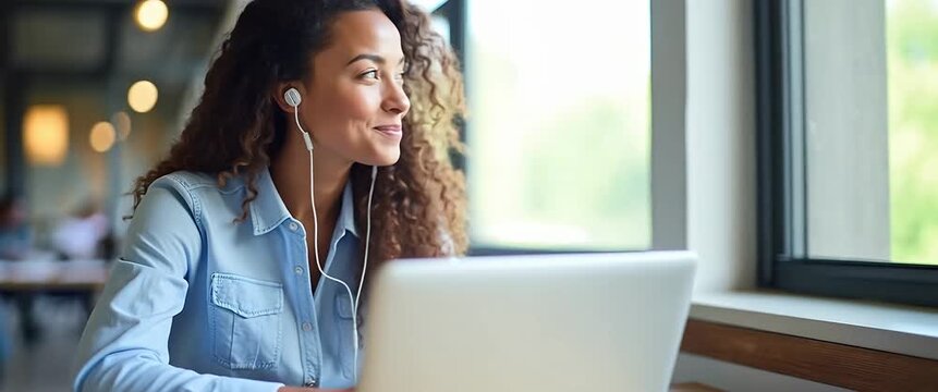 Smiling woman working on a laptop, headphones in, while sunlight streams through office windows; camera slowly pans, and ambient office lights flicker gently for a cinematic, professional atmosphere.