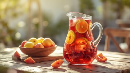 Red wine sangria with fresh summer fruits served as a chilled drink, ideal for warm weather, World Summer Day