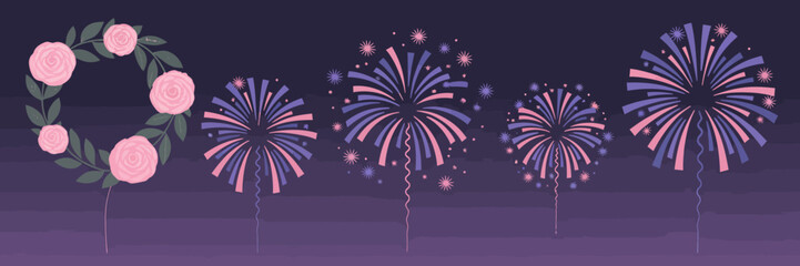 Floral Wreath and Fireworks Display on Transparent Background