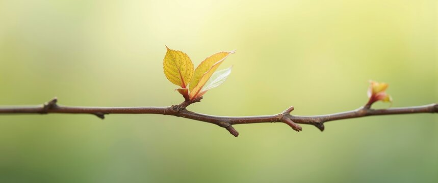 Detailed view of a tree branch with tender new leaves emerging from reddish buds, signifying spring against a light green background