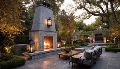 Stone fireplace and patio with illuminated lanterns in an autumn landscape