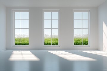 Fototapeta premium A bright, white room with three tall windows overlooking a vibrant green field. Sunlight streams in