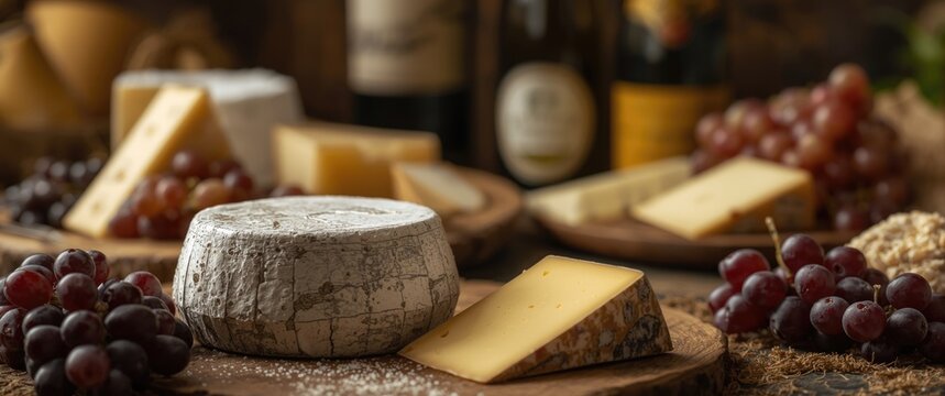 Cheese collection featuring hard French Comte cheese from cow milk with rind, Franche-Comte region, France, in close-up