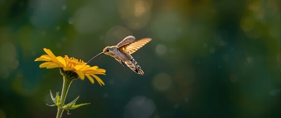 Obraz premium Nighttime insect feeding on nectar from a yellow flower using a long proboscis, featuring the Hummingbird hawk-moth (macroglossum stellatarum) in macro wildlife photography