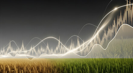 Glowing financial stock market graph over a vibrant agricultural field.