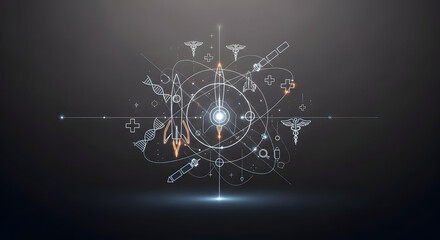 Futuristic circular interface displaying complex technological and scientific data.