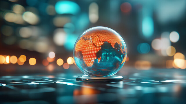 Cyber globe with illuminated network nodes glowing orange and teal on digital surface