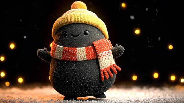 Cute Character Winter Scene Festive Decoration with Black Figure in Cozy Knitted Hat and Colorful Scarf in Cheerful Cartoon Style for Christmas Theme with Whimsical Art 