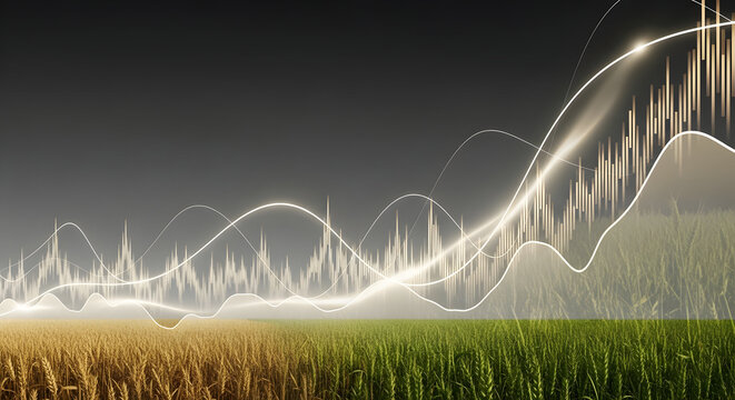 Glowing financial stock market graph over a vibrant agricultural field.