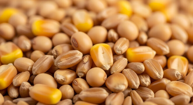 Macro photograph of a diverse mixture of whole grains including wheat corn and soy.