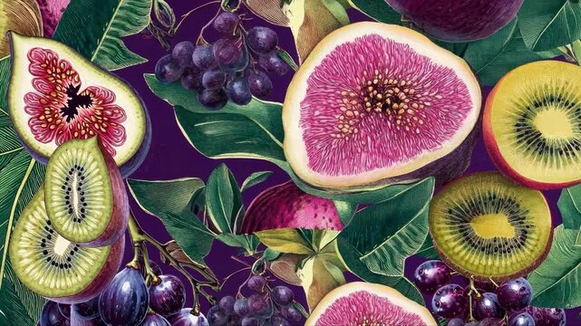 Vibrant, close-up video of assorted fruits like figs, kiwis, and grapes on a dark background, showcasing a rich, colorful botanical style. Live desktop wallpaper.