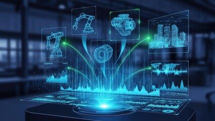 Futuristic data visualization with glowing blue graphs and charts on a transparent screen in a dark room with a blurred industrial background