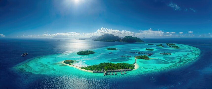 Aerial perspective of Bora Bora's tropical lagoon with clear turquoise water and small islands, French Polynesia