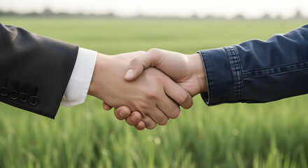 Businessman and Farmer Shaking Hands in Agreement over a Green Field.