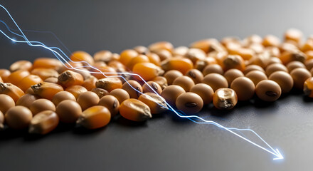 Corn commodity market crash concept with falling prices graph over kernels.
