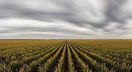 Dramatic long exposure of a vast cornfield with rows leading to the horizon under a cloudy sky.