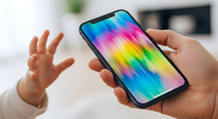 A small childs hand reaches out for a modern smartphone with a vibrant abstract display.