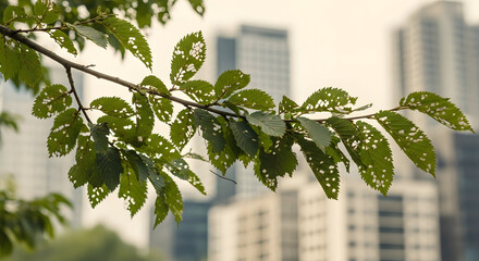 Insect eaten green leaves on a tree branch with a blurry city skyline in the background.