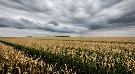 Dramatic dark storm clouds gathering over a vast golden wheat field.