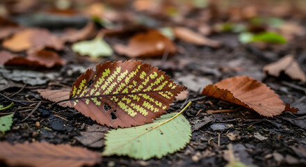 A single decaying autumn leaf with detailed veins on the forest floor.