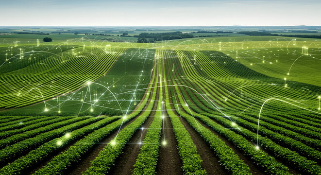 Smart farming and precision agriculture concept with data analytics overlay on a vast green crop field. - Powered by Adobe