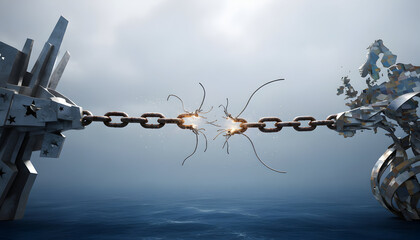 A powerful metal chain breaks under extreme tension between two industrial machines.