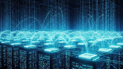 Futuristic digital landscape with glowing blue circuits and data streams on computer servers in a dark background representing technology and data exchange