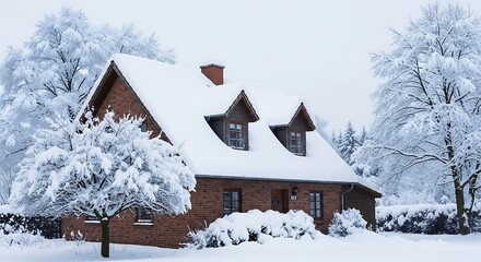 Snowy wooden house with trees and bushes in winter landscape serene cabin scene