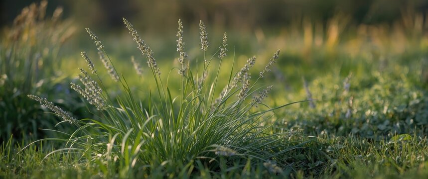 Springtime garden scene with Carex flacca growing and blooming