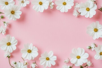 A beautiful arrangement of white flowers on a soft pink background, creating a serene and elegant floral frame.