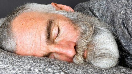 Elderly man with gray beard is sleeping on a textured gray pillow, displaying a serene expression and relaxed posture in a tranquil indoor environment