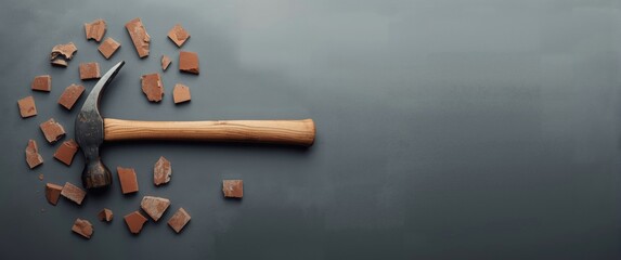 Top view of sledgehammer and shattered brick pieces on grey background