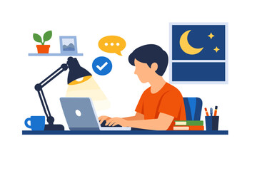 Man working on laptop at night with desk lamp and window view