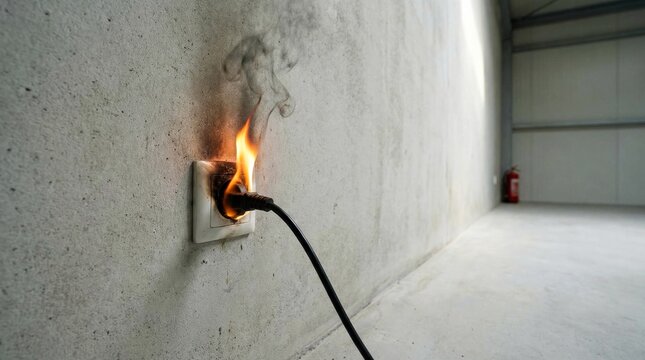 Close-up electric outlet with burning plug and visible smoke against concrete wall, electrical fire hazard risk, and need for safety measures, insurance. Short circuit in the socket. Copy space