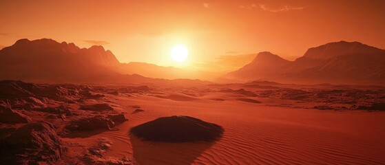 A breathtaking sunset casts an orange glow over a rugged, desert landscape with distant mountains, creating an otherworldly atmosphere.