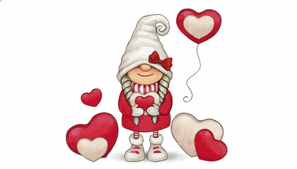 Obraz premium Charming illustration of a delightful gnome character holding a heart-shaped balloon, surrounded by other decorative heart symbols, perfect for Valentine's Day or love-themed designs