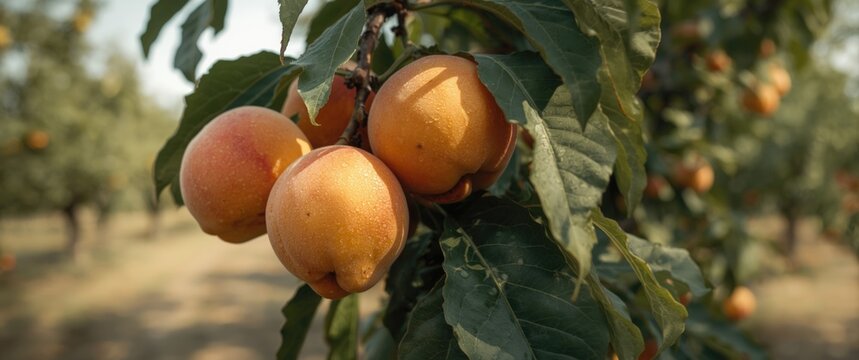 A bunch of ripe Peaches on a branch showing fresh, delicious fruit in Chakwal, Punjab, Pakistan