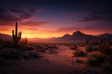 Enchanting evening colors blanketing desert and ample copy space